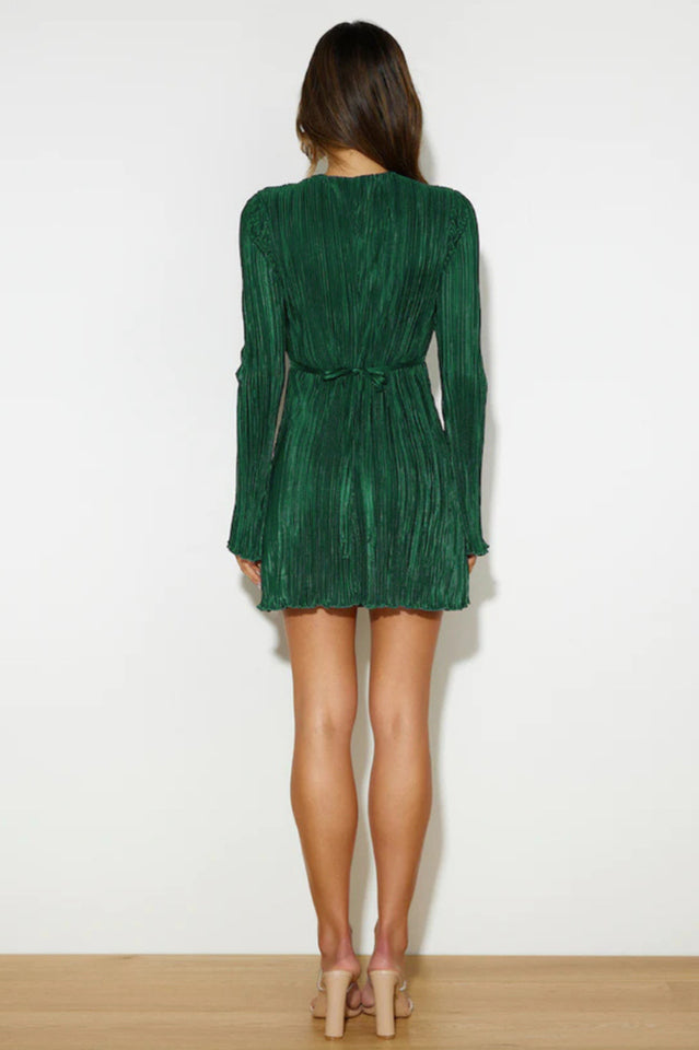 Plisse Deep V-Neck Flare Long Sleeve Lace Up Front Mini Dress 22