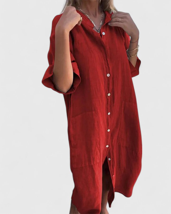 Collared Button Front Roll Sleeve Pocket Shirt Dress