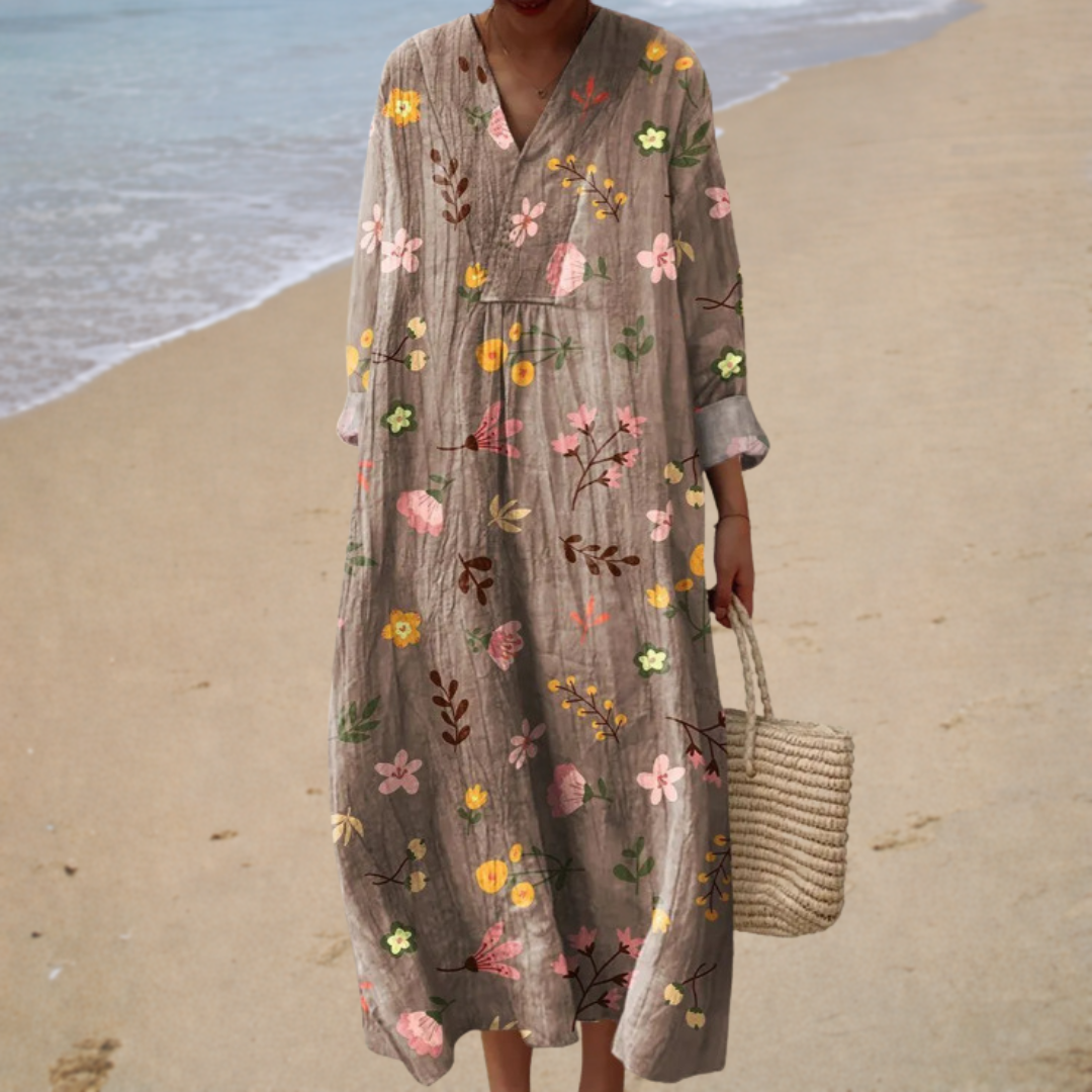 Ditsy Floral V-Neck Long Sleeve Linen Look Maxi Dress