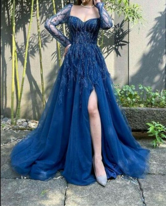 Luxurious Blue Slit Long Party Dress Evening Dress With Feathers cc1731