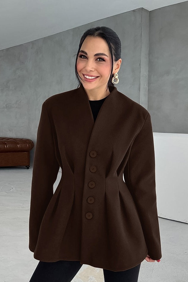 Collarless V-Neck Five Button Pleated Waist Peplum Blazer Jacket