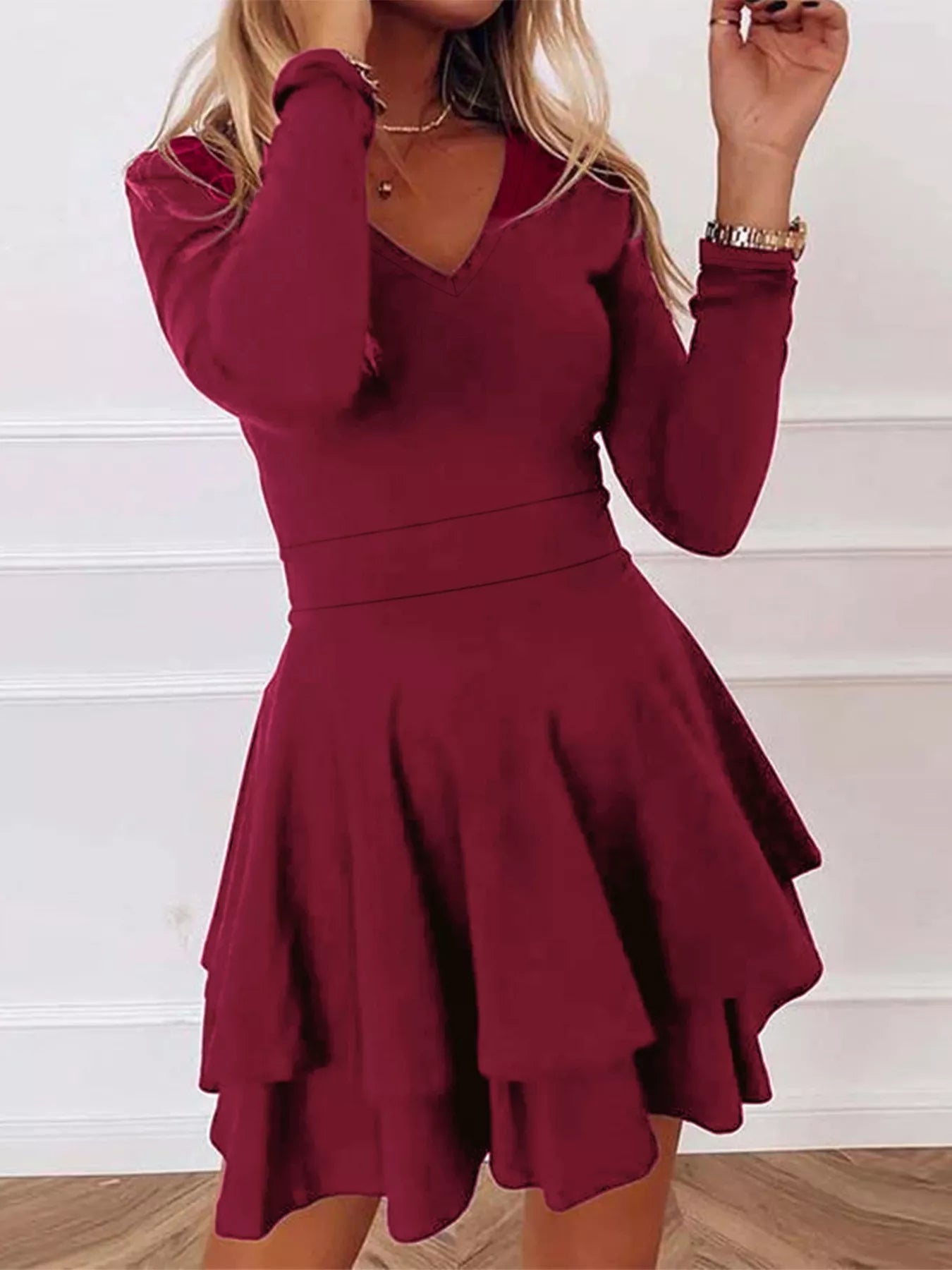 V-Neck Layered Ruffle Mini Dress Burgundy