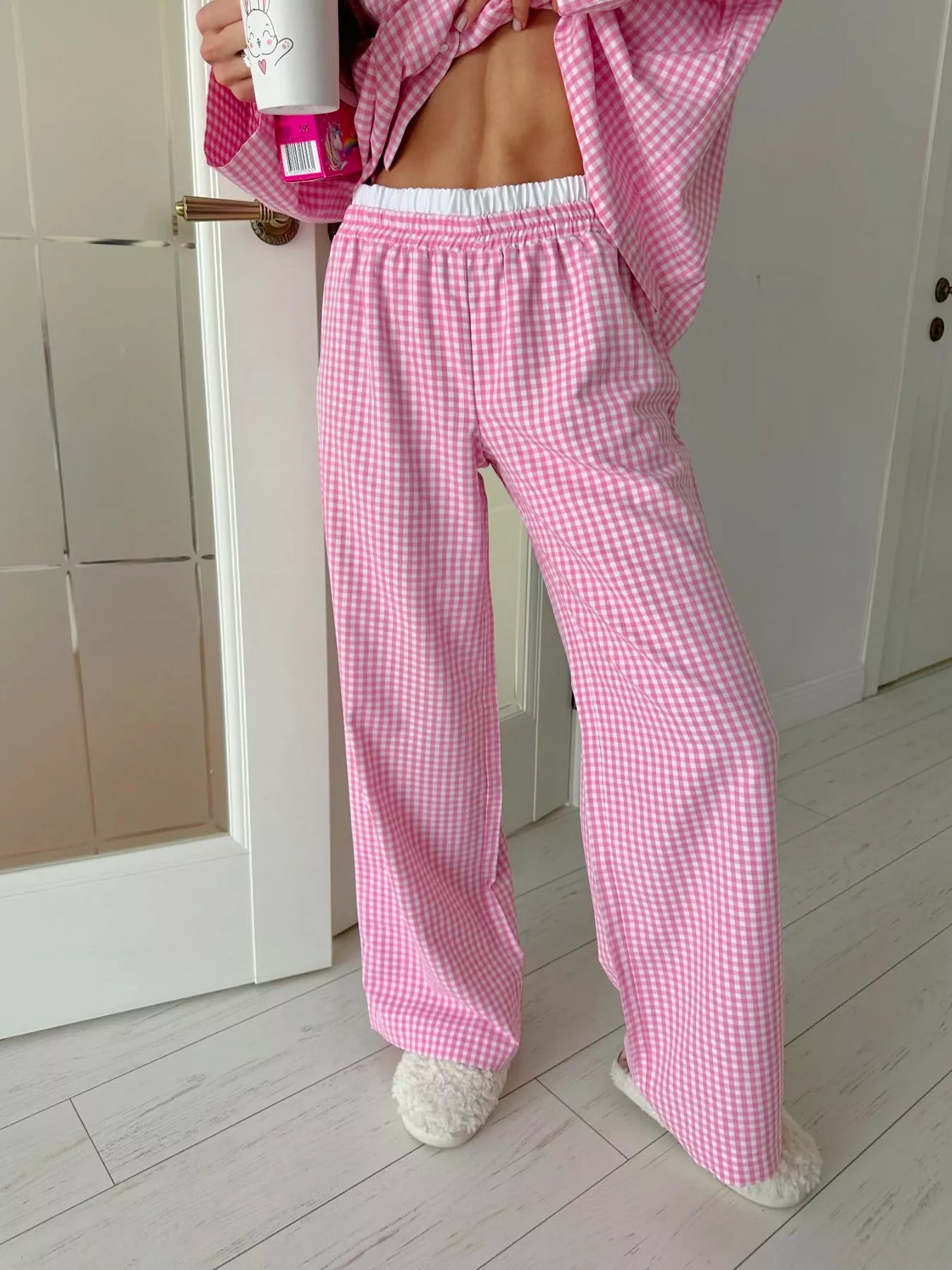 Gingham Button-Down Top and Pants Loungewear Set