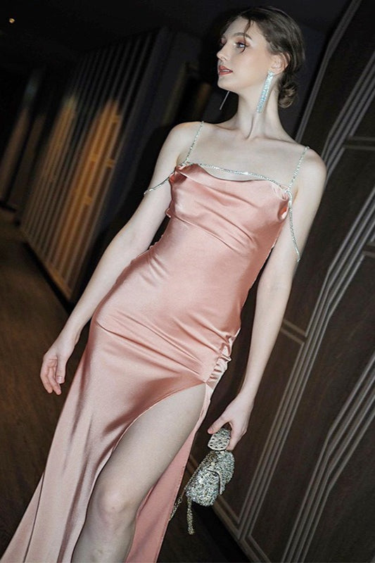 Rhinestone Strap Cowl Neck Chain Drape High Split Satin Maxi Gown