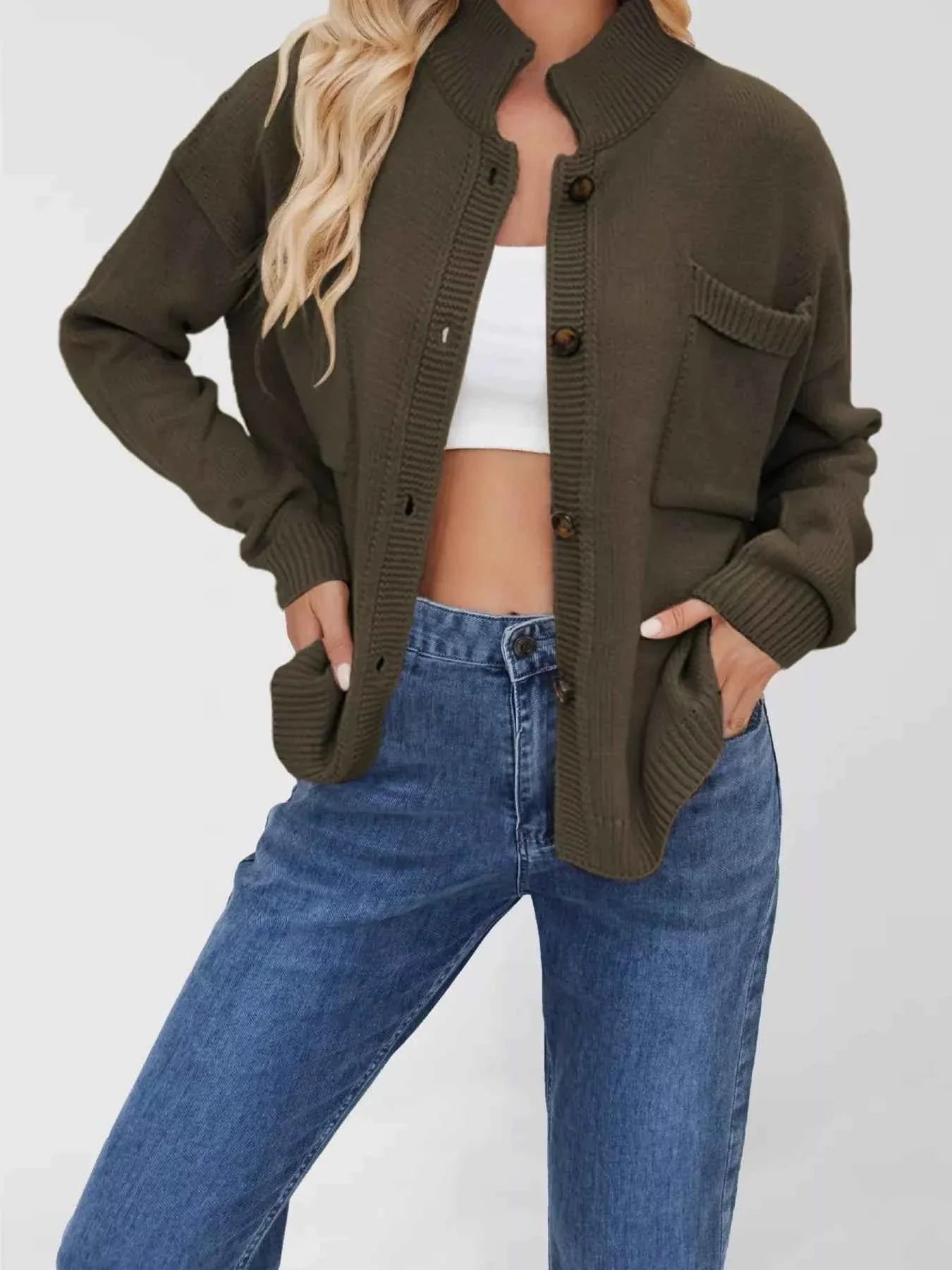 Button Up Dropped Shoulder Cardigan