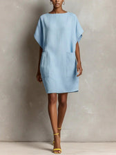 Boat Neck Batwing Sleeve Pocket Shift Mini Dress 7