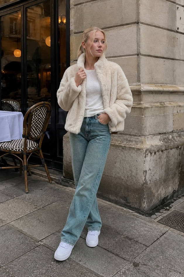 Stand Collar Faux Fur Cropped Jacket