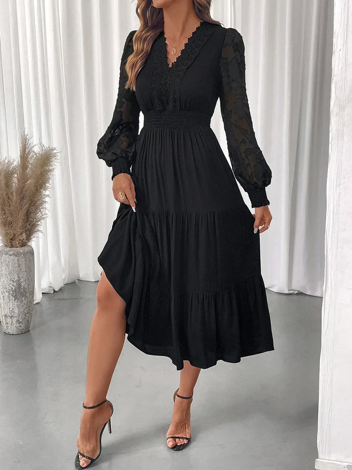 Lace Trim V-Neck Lantern Sleeve Smocked Waist Tiered Midi Dress