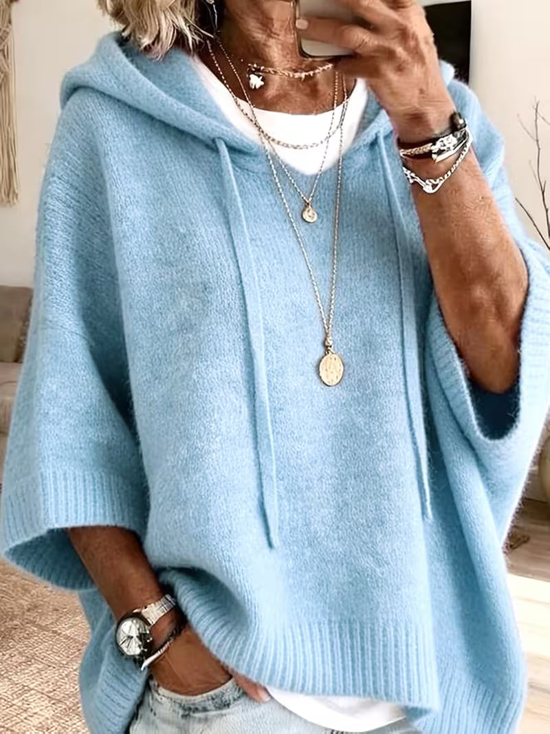 Hooded Drawstring Oversized Knit Poncho Sweater
