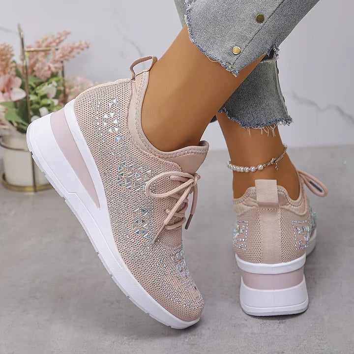 Rhinestone Mesh Lace Up Wedge Sneakers