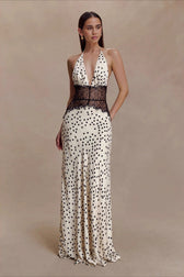 Polka Dot Lace Backless Waist Tie Maxi Lace Dress