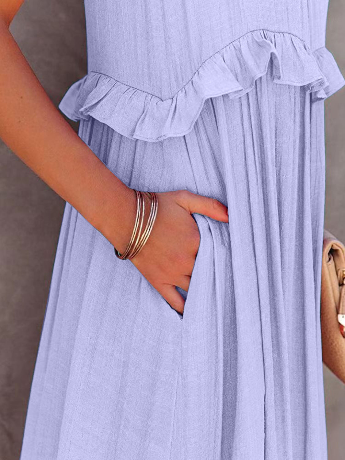 Halter Neck Sleeveless Ruffle Trim Tiered Maxi Dress with Pockets 27