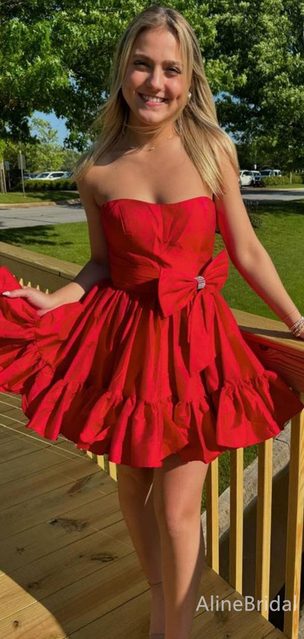 Satin Strapless Bow Waist Ruffle Hem A-Line Homecoming Dress 3