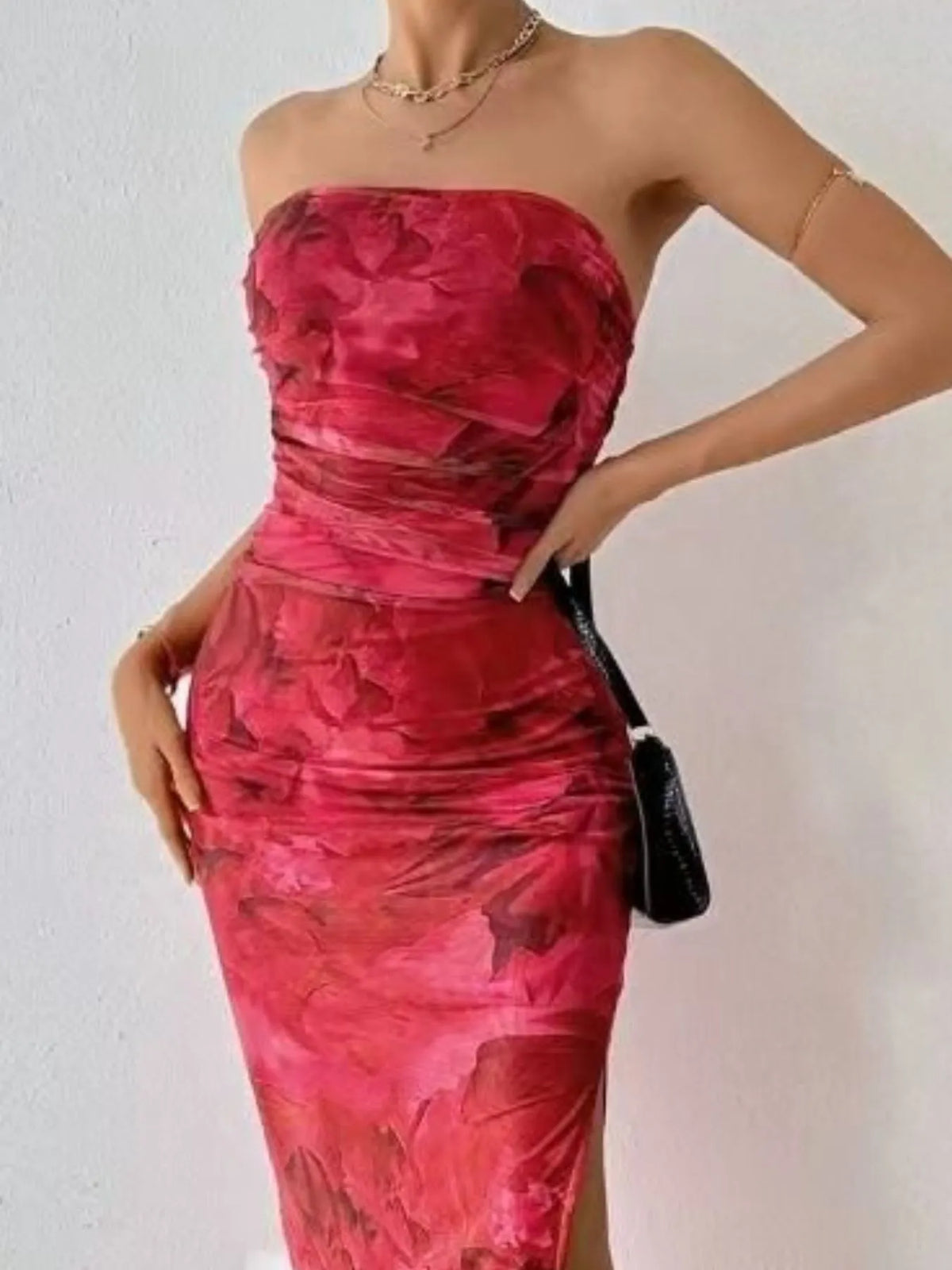 Abstract Print Strapless Ruched Bodycon Maxi Tube Dress 23