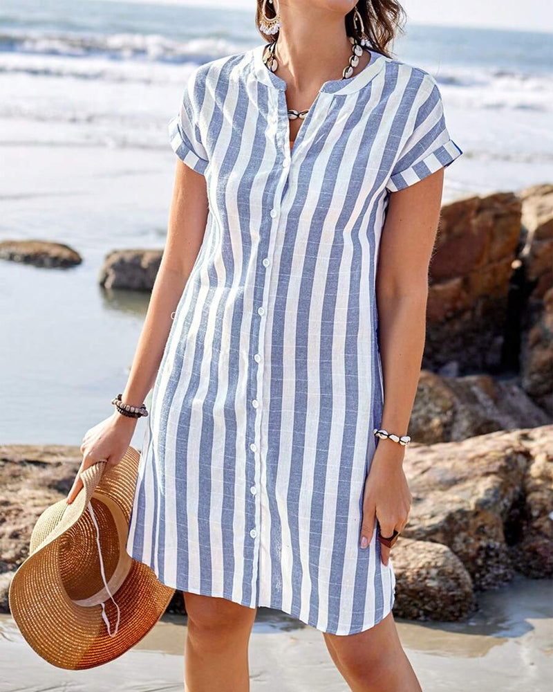 Striped Button Front Short Sleeve Mini Shirt Dress