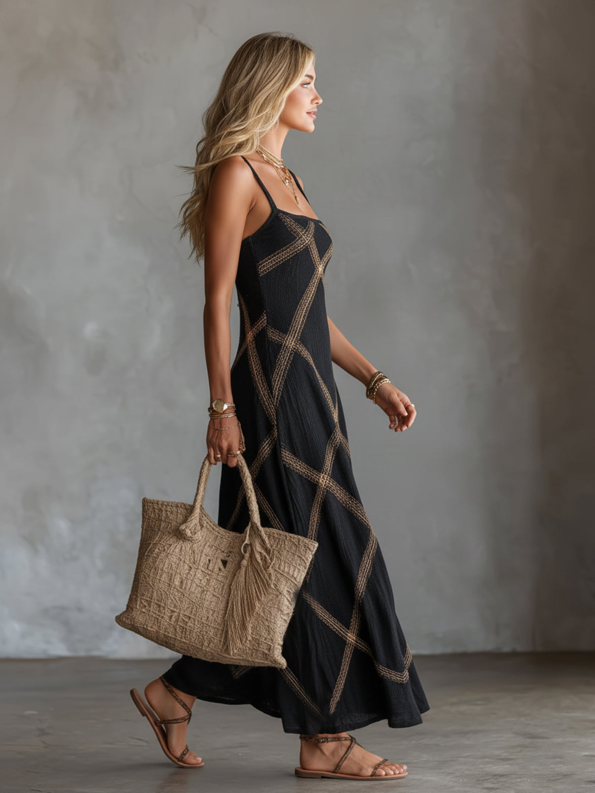 Diamond Embroidered Square Neck Slip Maxi Dress