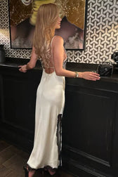 V-Neck Slim Slip Maxi Lace Dress