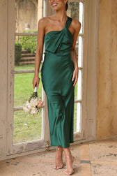 Carrie Satin Drape Twist Detail One Shoulder Midi Dress in Green