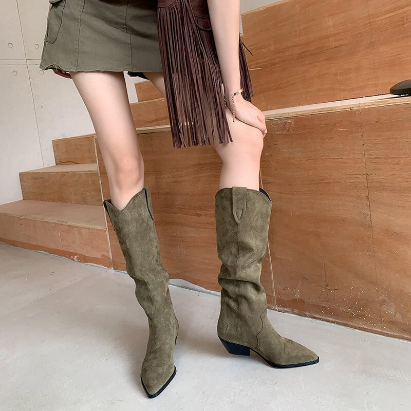 Womens Western Suede Knee High Boots Block Heel - Khaki/Black Cowgirl Boots All Genuine Leather