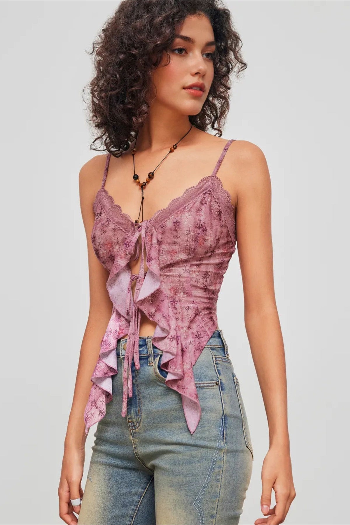 Lace Floral Ruffle Cami Top