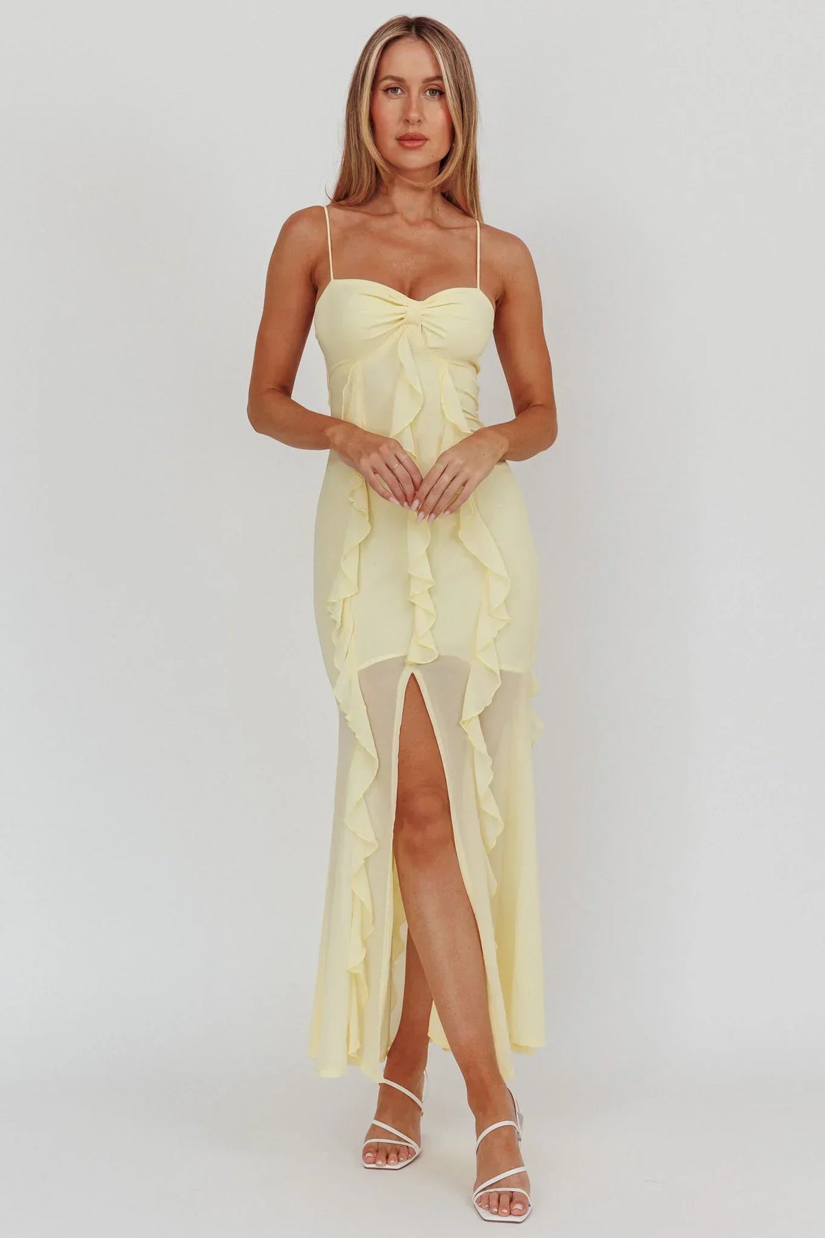 Sweetheart Spaghetti Strap Vertical Ruffle Chiffon High Split Maxi Dress