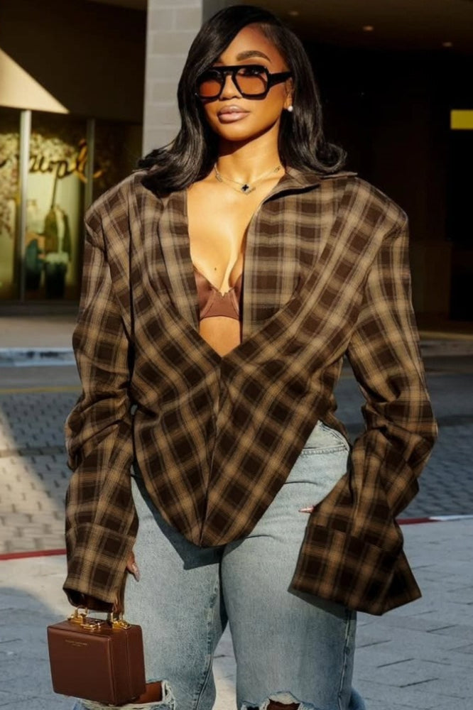 Plaid Collared Asymmetric Loose Chic Short Sleeve Blouse