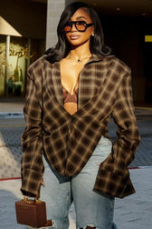 Plaid Collared Asymmetric Loose Chic Short Sleeve Blouse