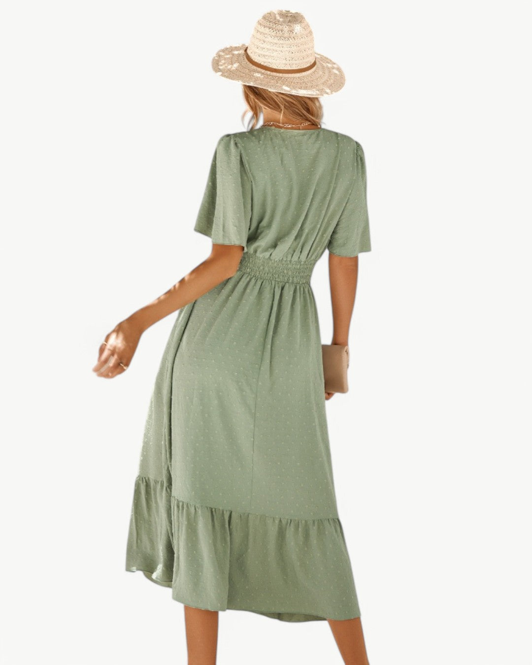 Swiss Dot V-Neck Flutter Sleeve Ruched Waist Tiered Midi Dress