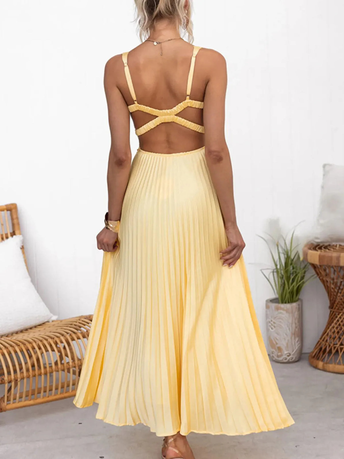 Satin V-Neck Sleeveless Empire Waist Pleated Maxi Dress 4