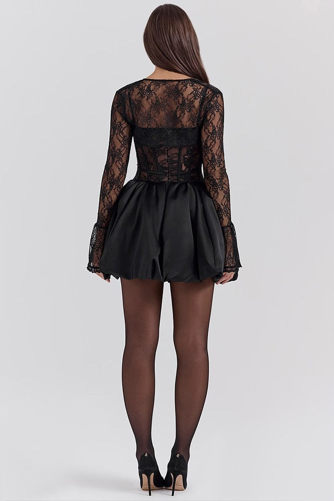 Lace Insert Strapless A-Line Long Sleeve Lace Dress