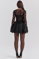 Lace Insert Strapless A-Line Long Sleeve Lace Dress