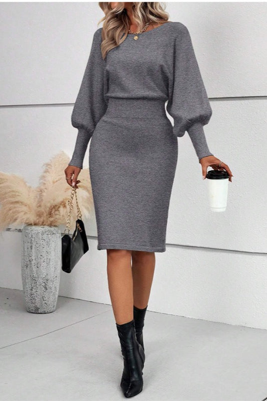 Crew Neck Lantern Sleeve Sweater Dress