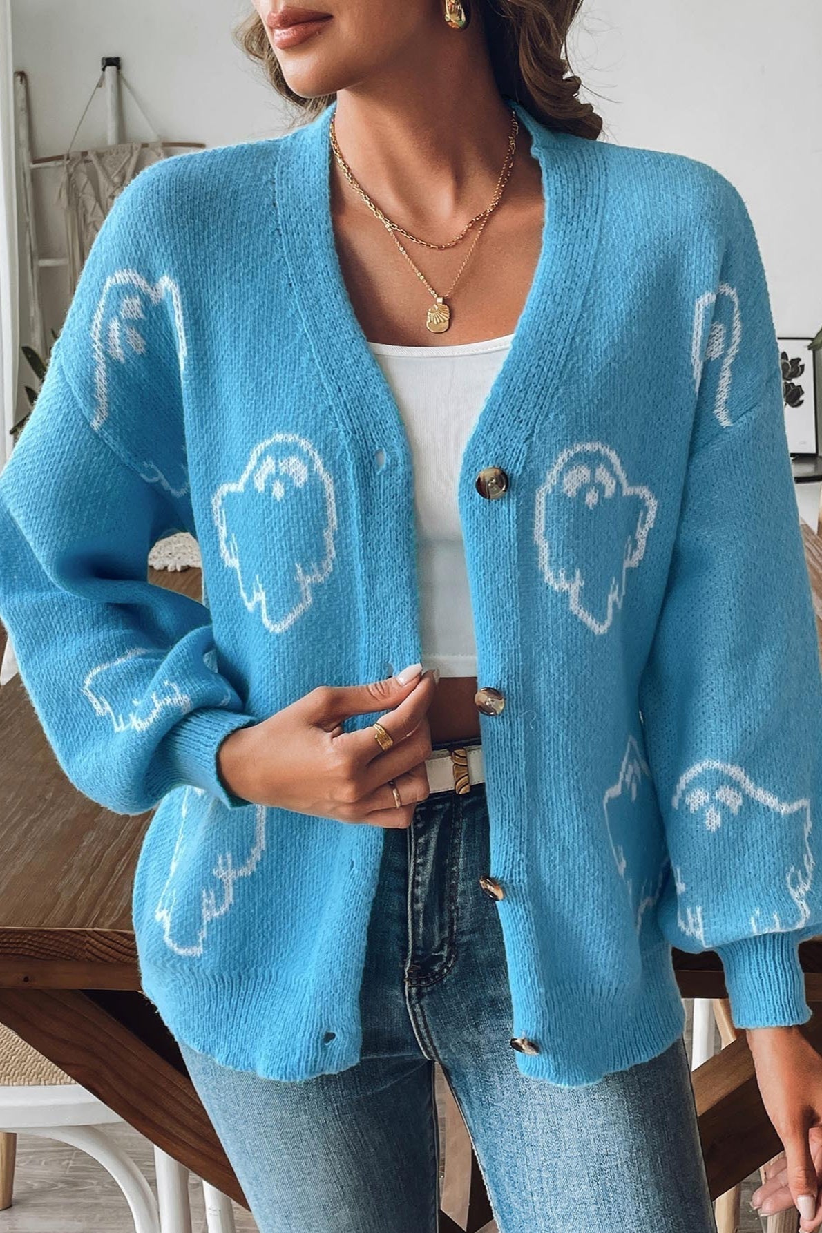 Ghost Pattern V-Neck Drop Shoulder Button Front Knit Cardigan