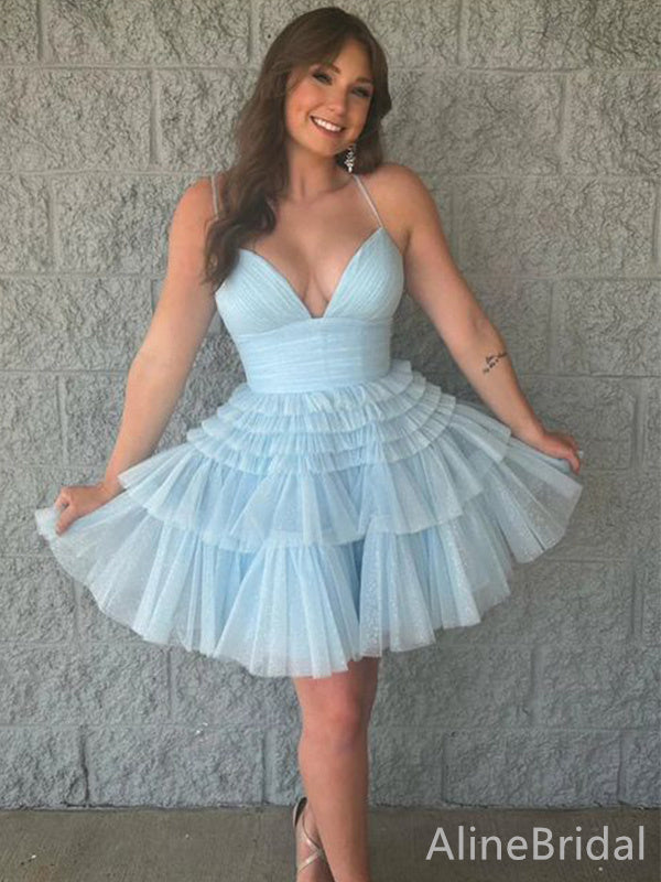Pleated V-Neck Spaghetti Strap Tiered Tulle A-Line Mini Homecoming Dress
