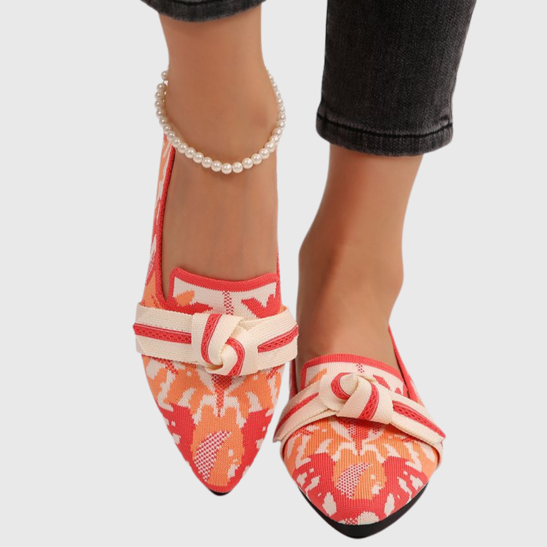 Ikat Print Pointed Toe Knot Bow Flats