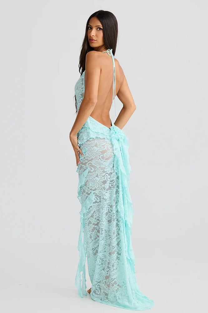 Backless Halter-Neck Deep V-Neck Lace Bodycon Maxi Dress
