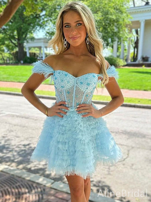 Off Shoulder Feather Strap Beaded Corset Bodice Tiered Tulle Homecoming Dress 2