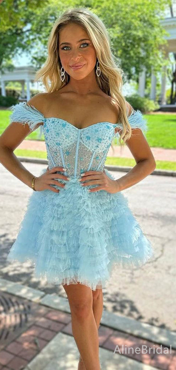 Off Shoulder Feather Strap Beaded Corset Bodice Tiered Tulle Homecoming Dress 3