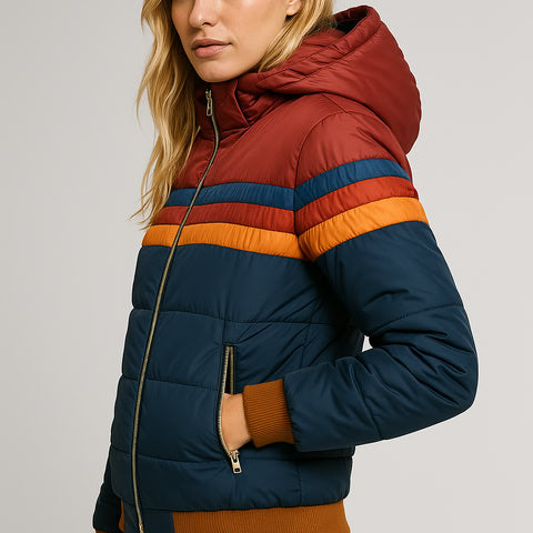 Hooded Striped Zip Front Puffer Jacket