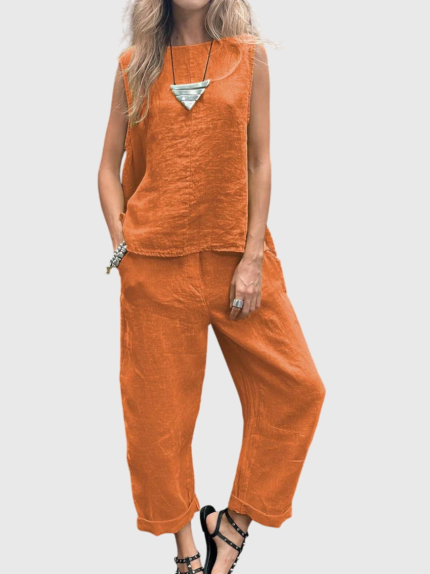Sleeveless Round Neck Top and Wide Leg Crop Pants Two Piece Set