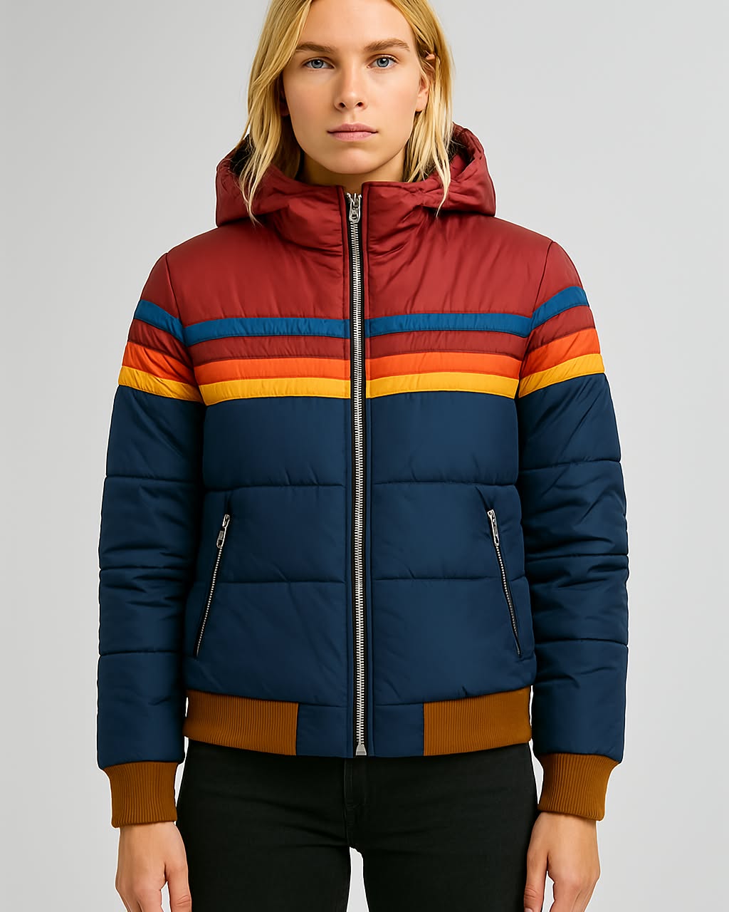 Hooded Zip Front Striped Panel Puffer Jacket