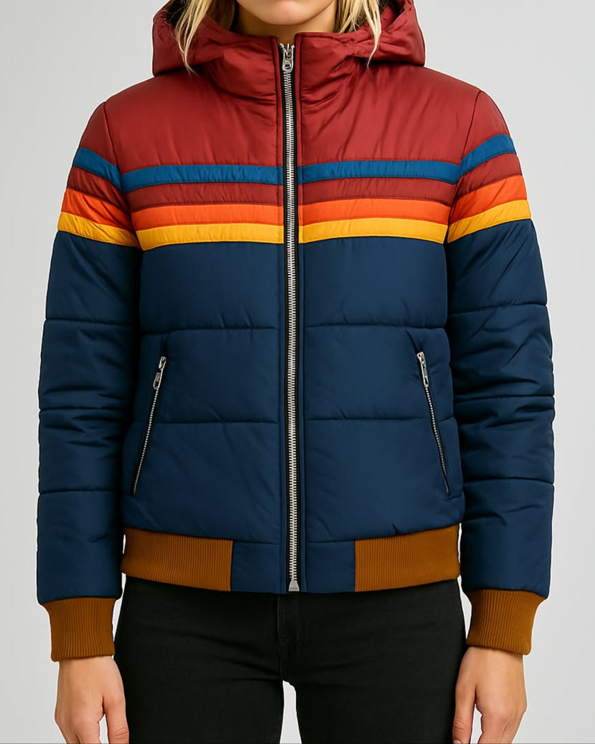 Hooded Striped Zip Front Puffer Jacket