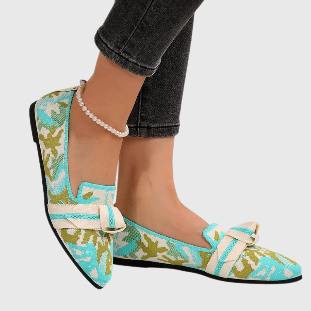 Ikat Print Pointed Toe Knot Bow Flats