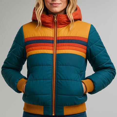 Hooded Zip Front Striped Panel Puffer Jacket
