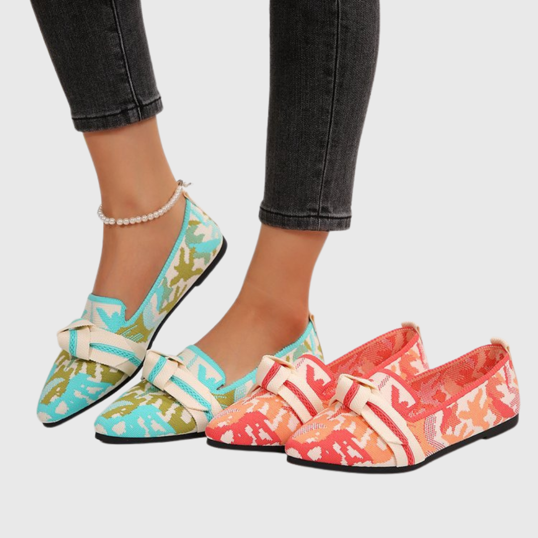 Ikat Print Pointed Toe Knot Bow Flats