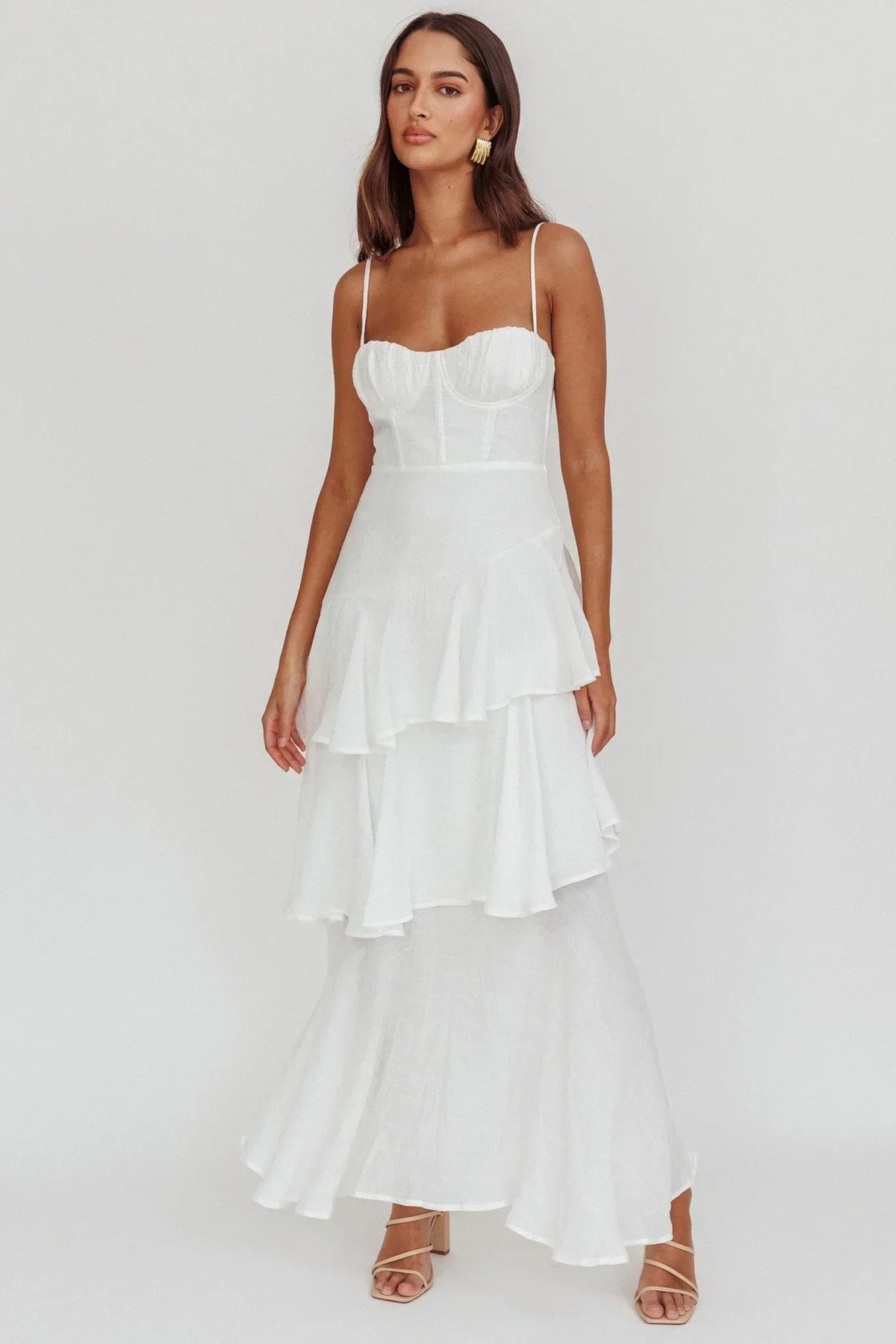 Bustier Sweetheart Cami Strap Asymmetric Tiered Ruffle Maxi Dress 4