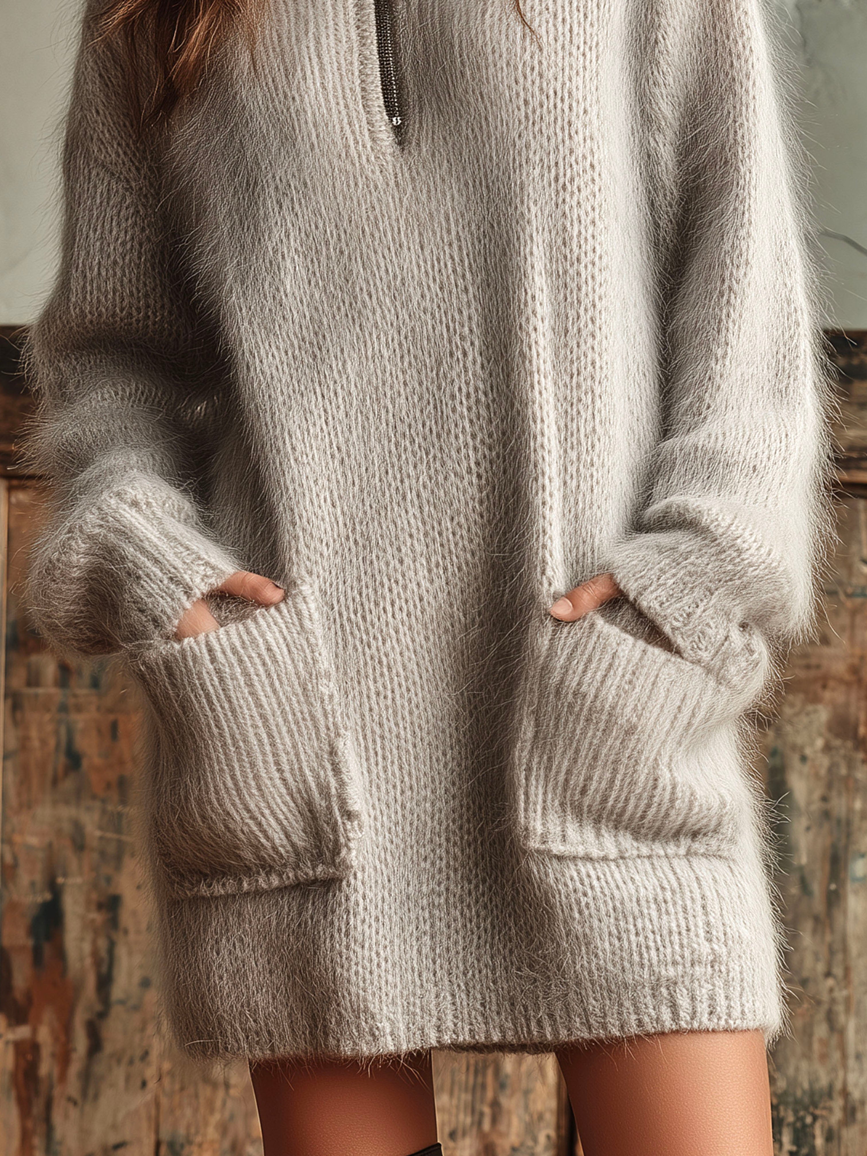 Half-Zip Collar Cozy Mohair Sweater Dress With Pockets