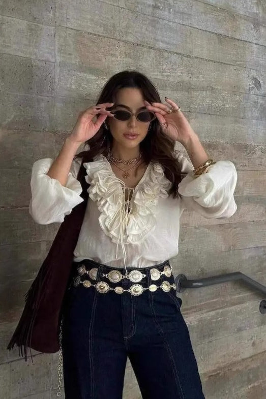Ruffle Trim Lace Up V-Neck Balloon Sleeve Blouse 2