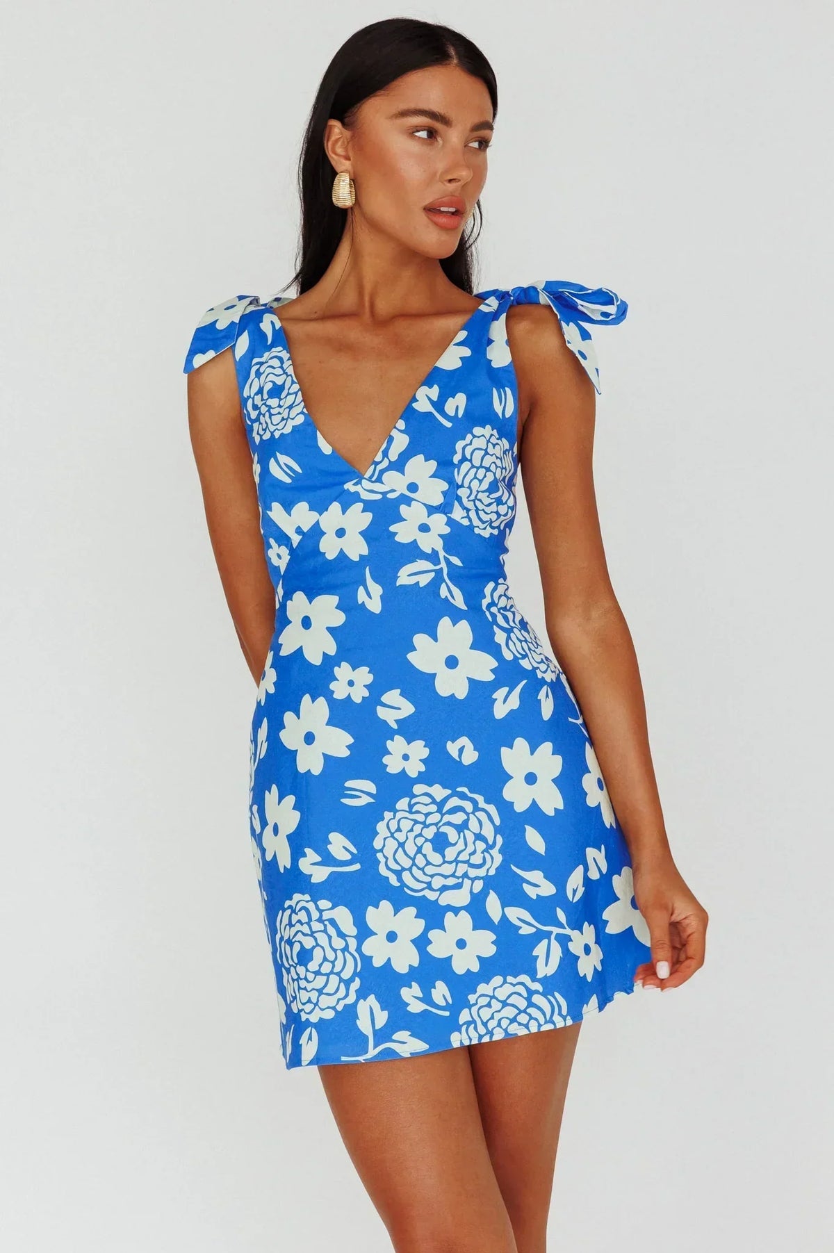 Floral Print V-Neck Tie Shoulder Sleeveless Mini Dress