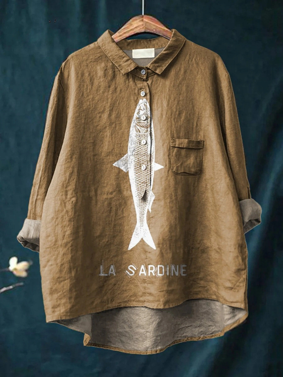 Sardine Fish Print Long Sleeve Button Front Shirt